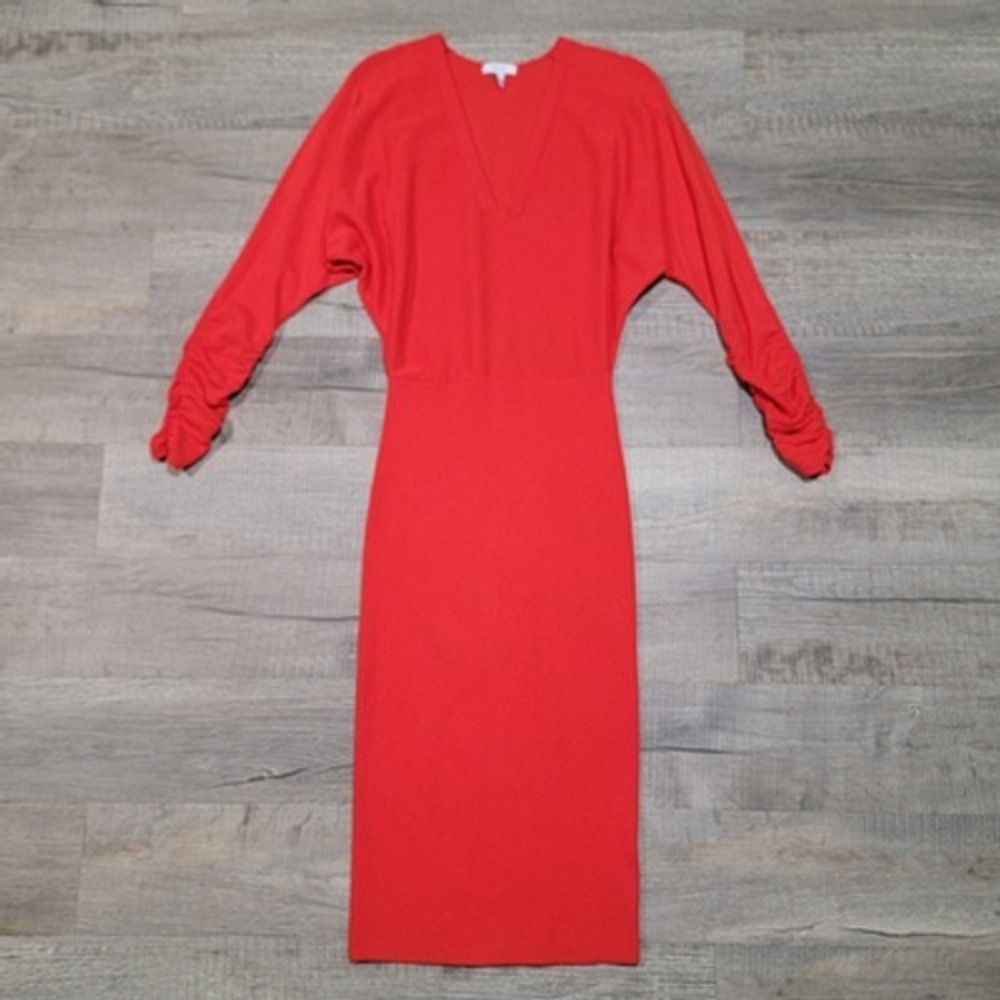 Reiss Wool Cashmere Blend Midi Sweater Dres Size Small Ruche Sleeve V Neck